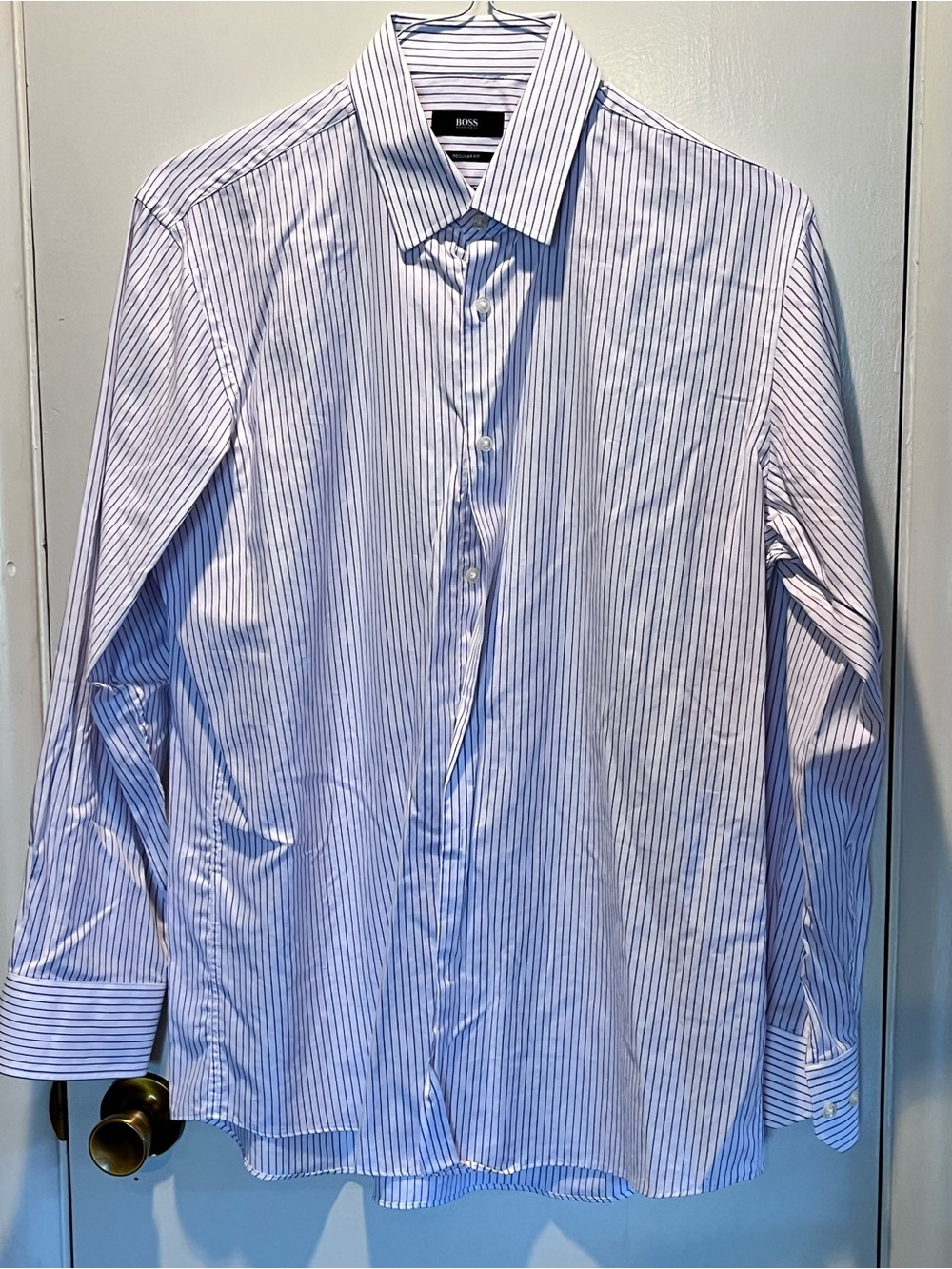BOSS White Dress Shirt with Blue Pinstripes